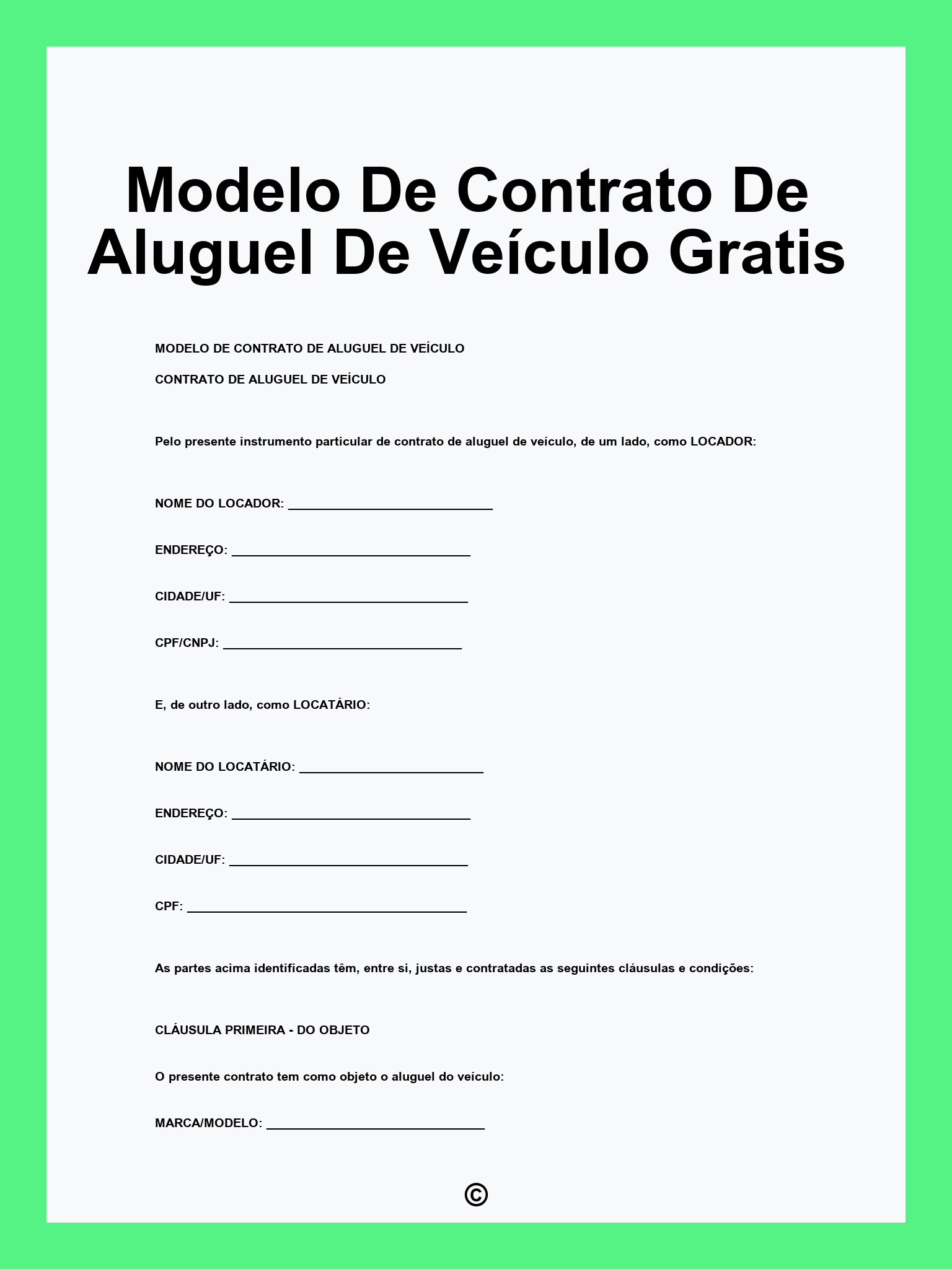 Modelo De Contrato De Aluguel De Veículo Gratis