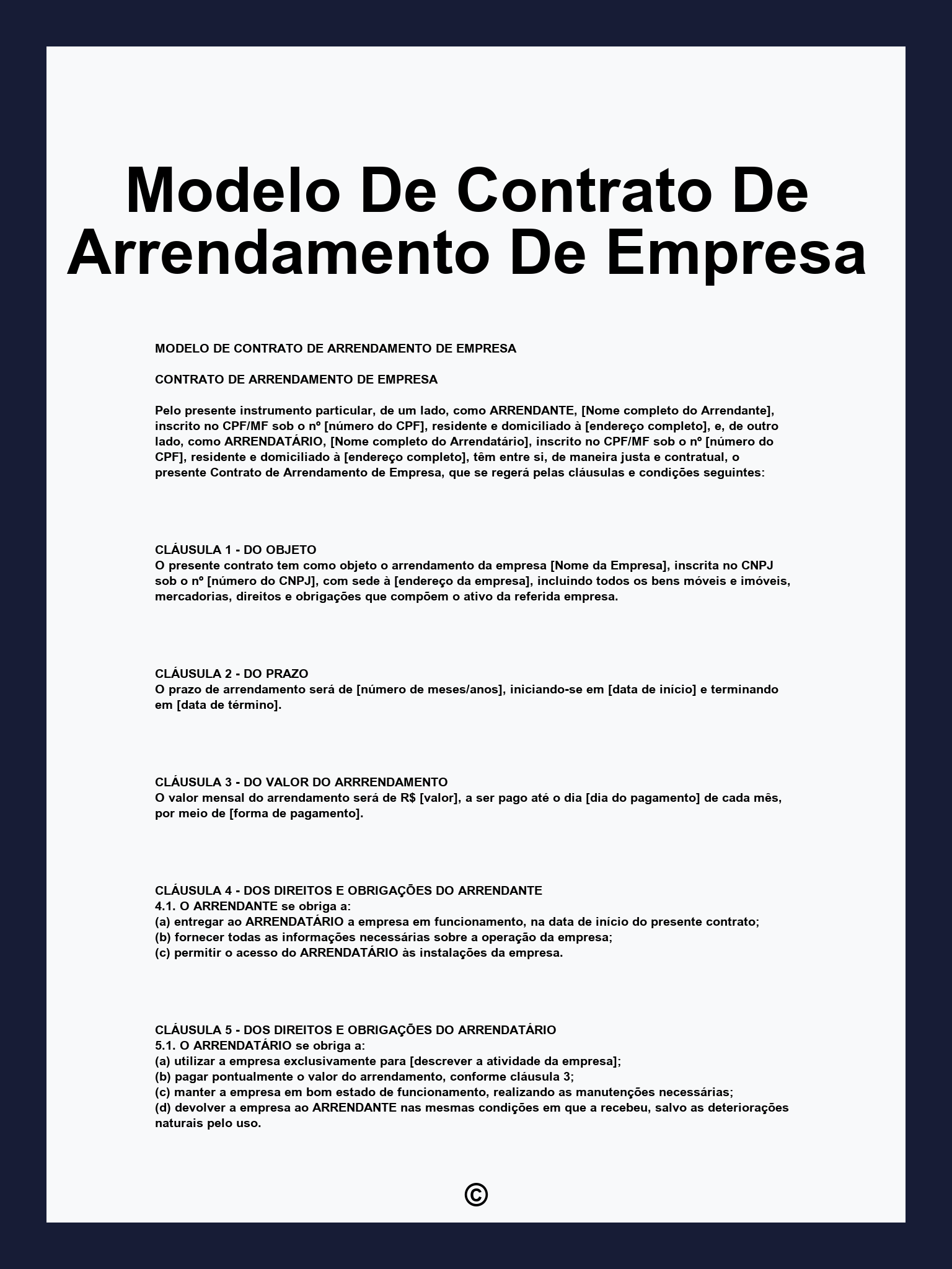 Modelo De Contrato De Arrendamento De Empresa