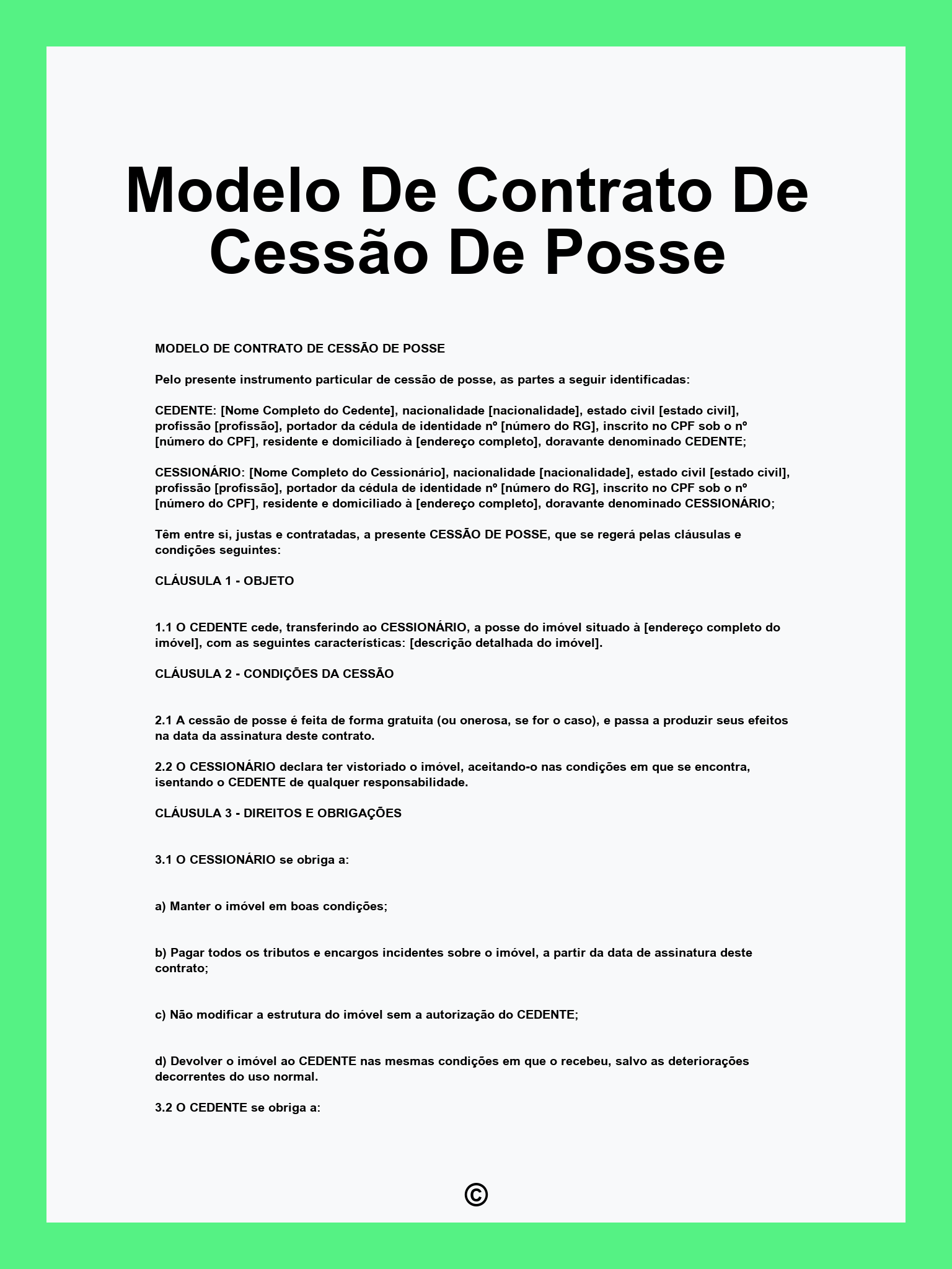 Modelo De Contrato De Cessão De Posse