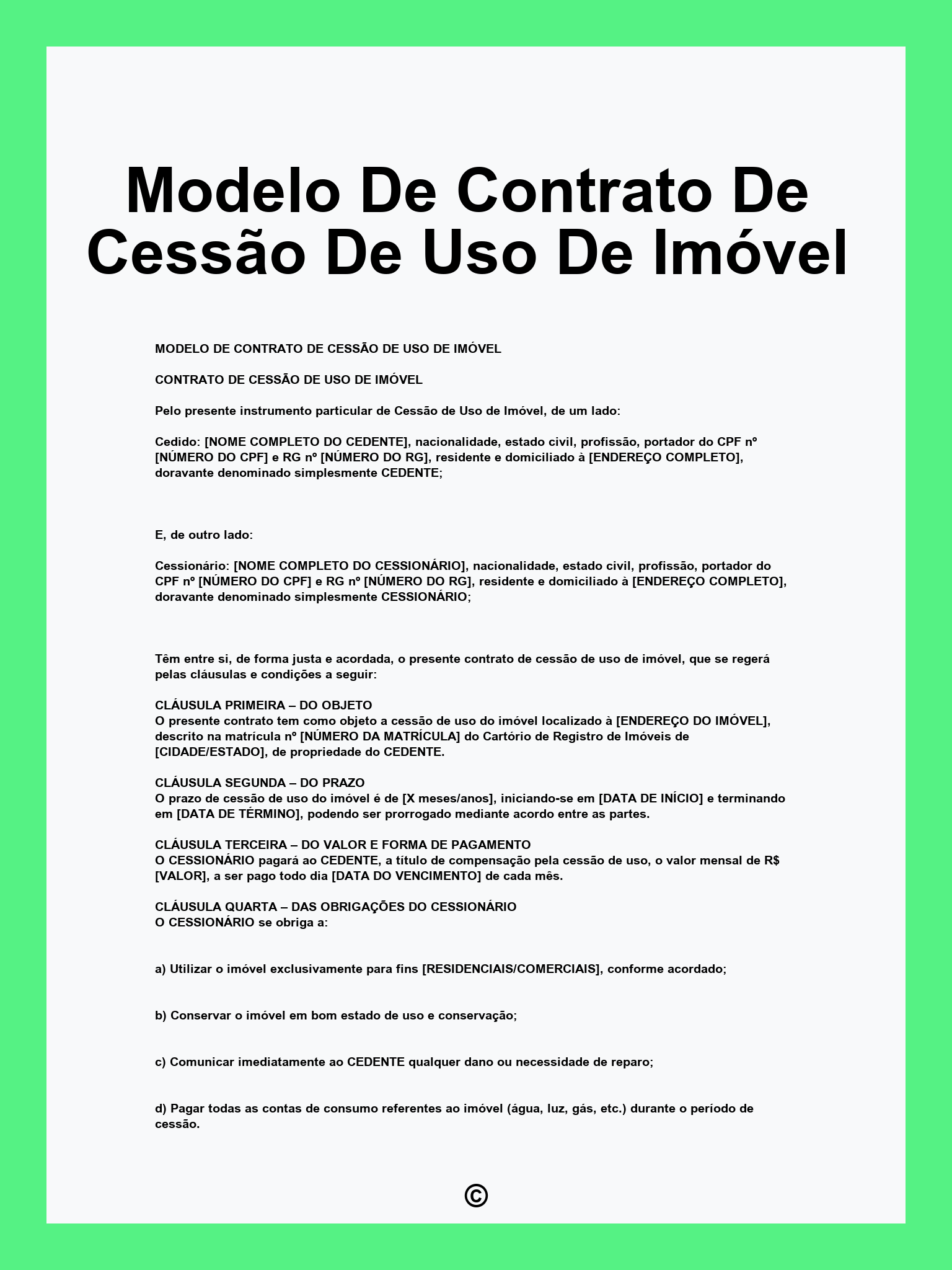 Modelo De Contrato De Cessão De Uso De Imóvel