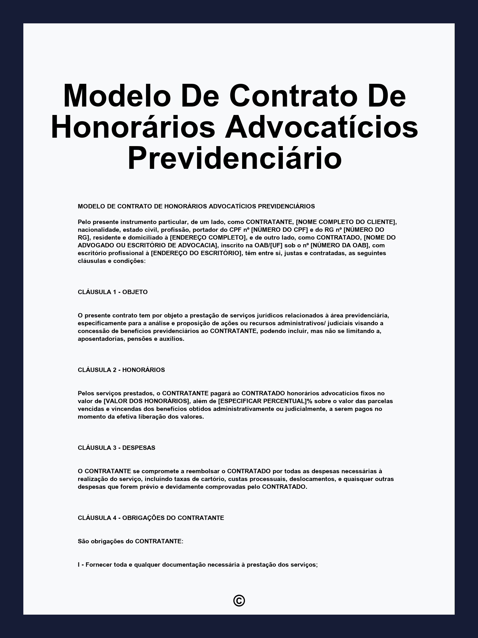 Modelo De Contrato De Honorários Advocatícios Previdenciário