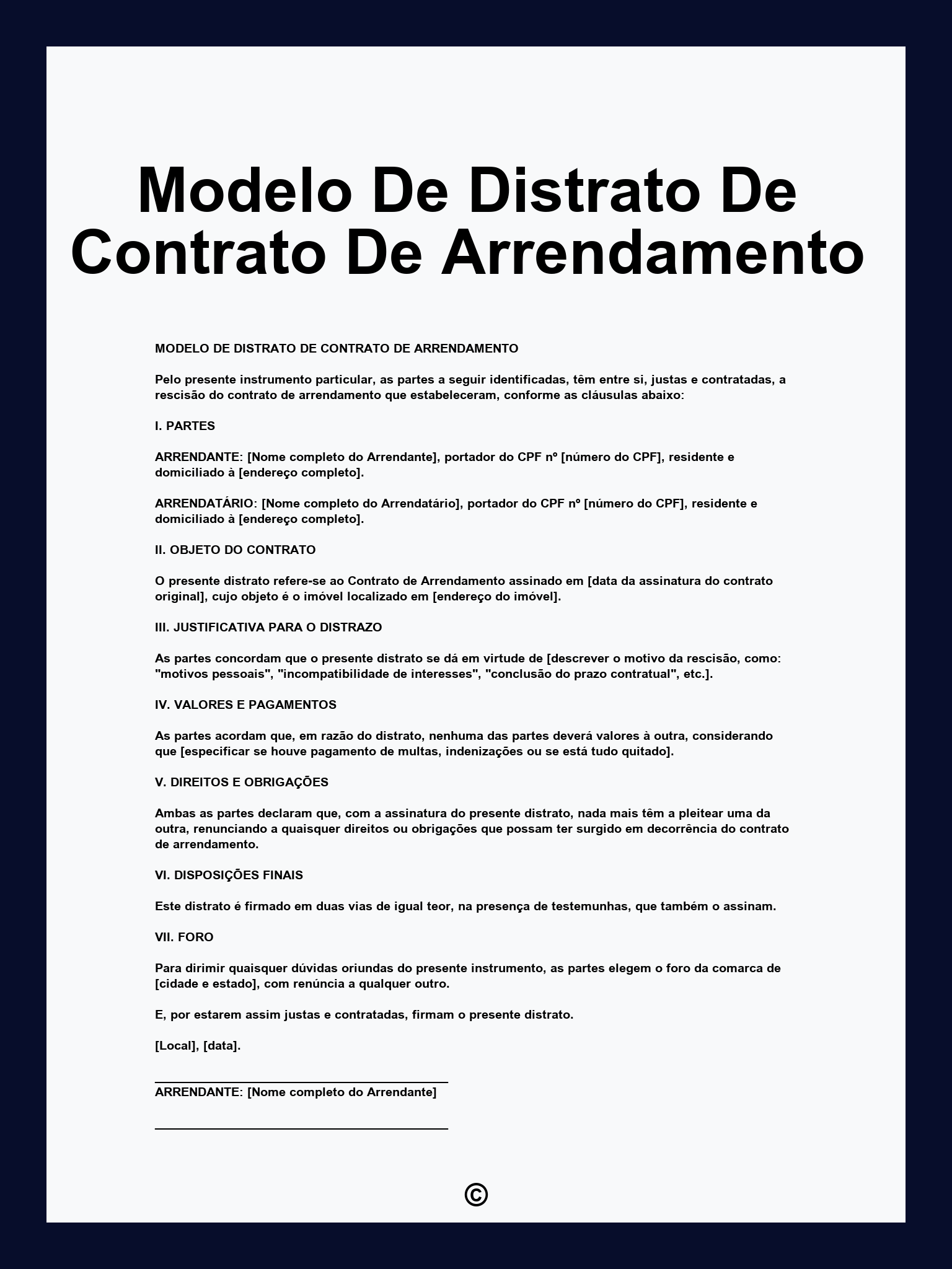 Modelo De Distrato De Contrato De Arrendamento