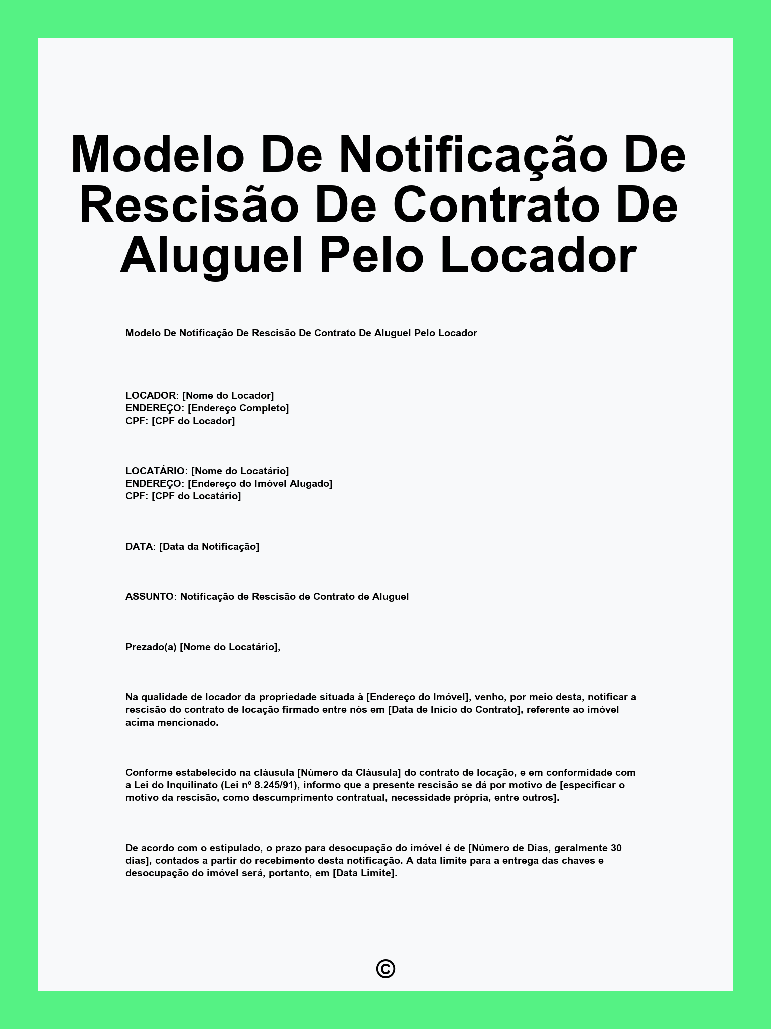 Modelo De Notificação De Rescisão De Contrato De Aluguel Pelo Locador