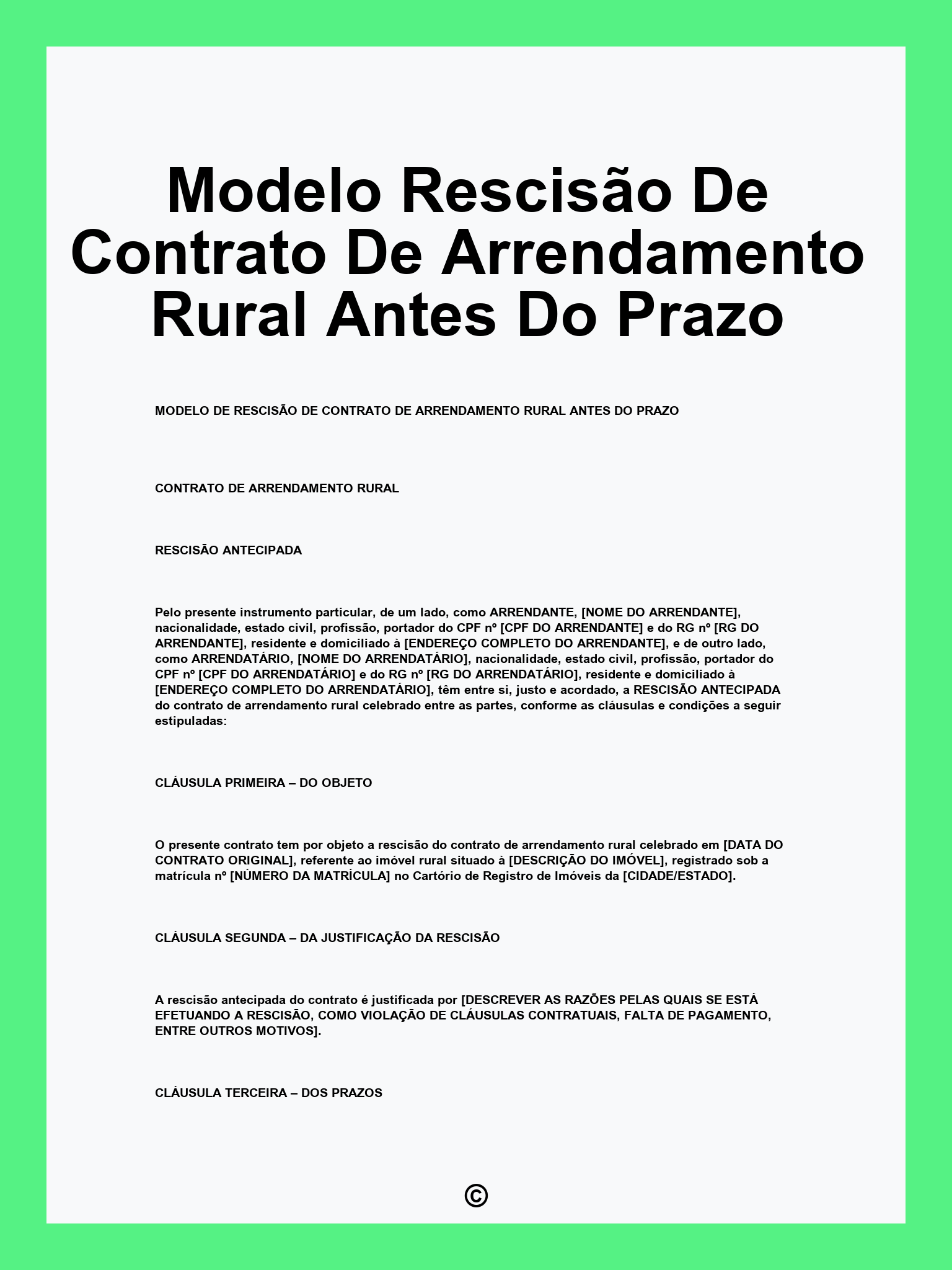 Modelo Rescisão De Contrato De Arrendamento Rural Antes Do Prazo